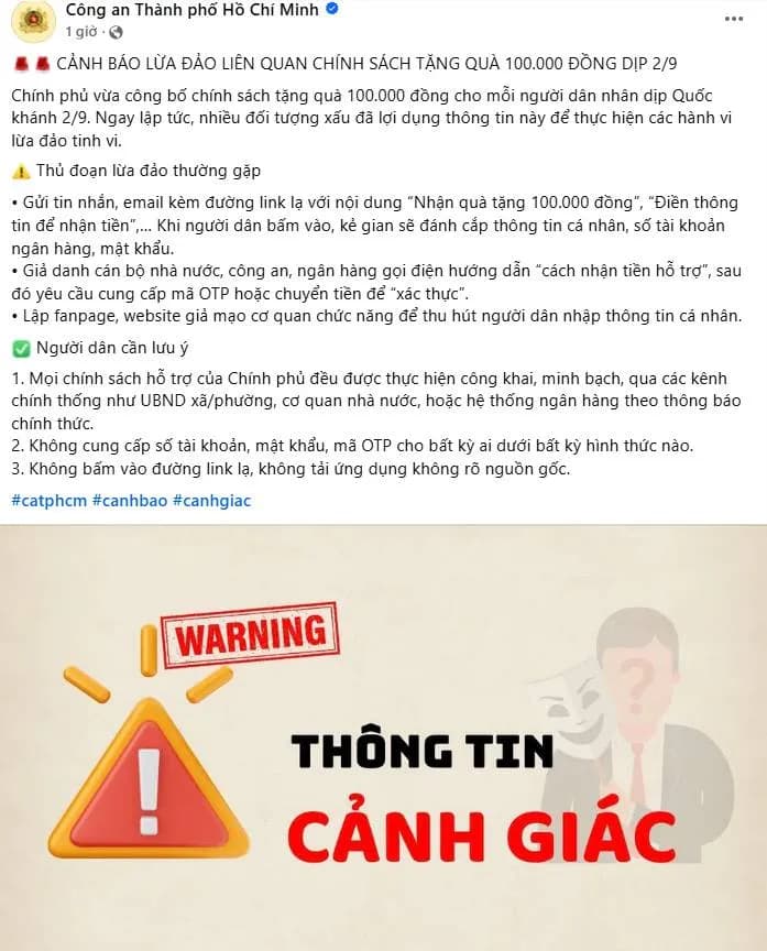 Việt Nam: Cảnh báo lừa đảo nhận 100.000 đồng Quốc khánh qua VNeID